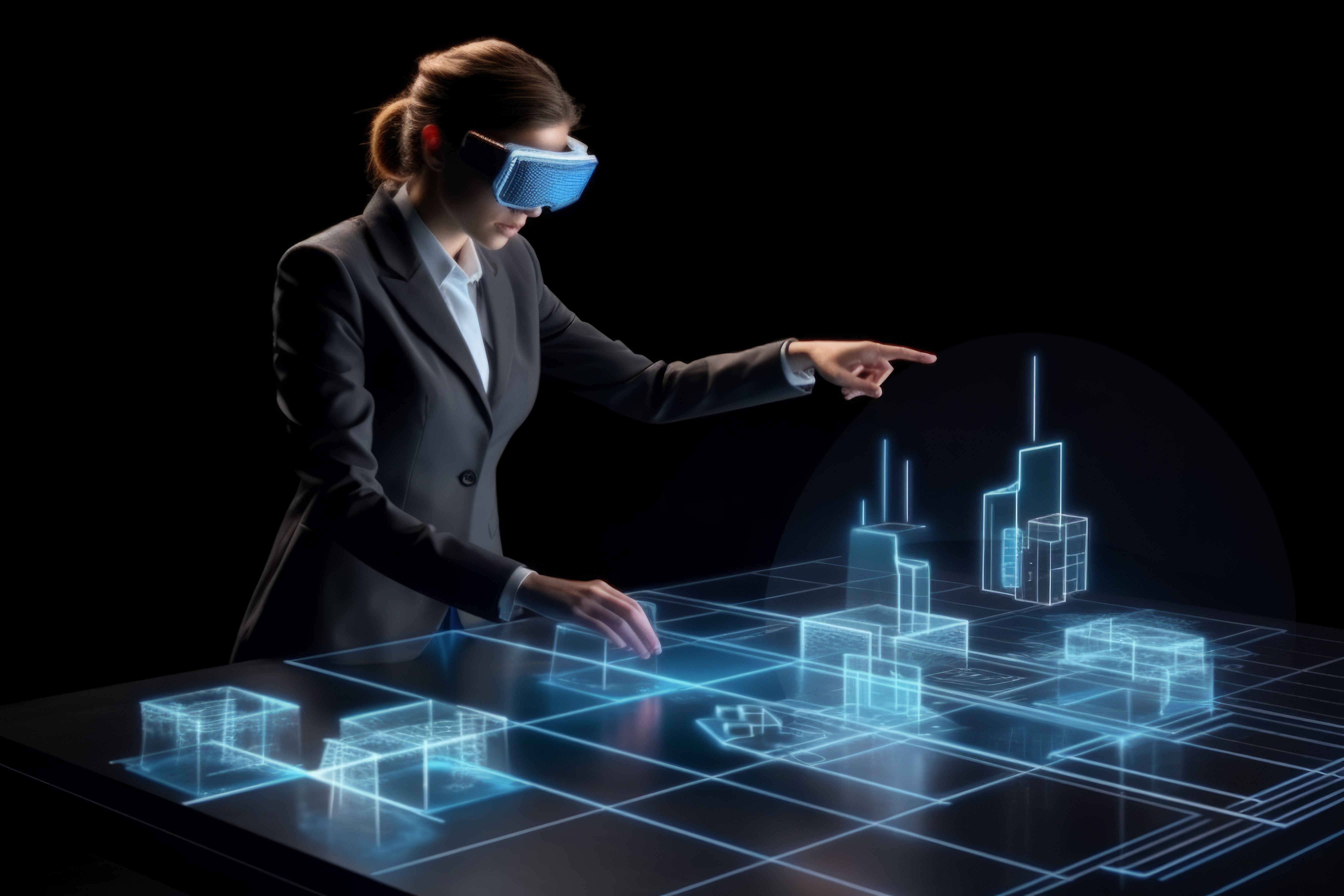 Professional using AR/VR technology to interact with holographic 3D building models and architectural blueprints