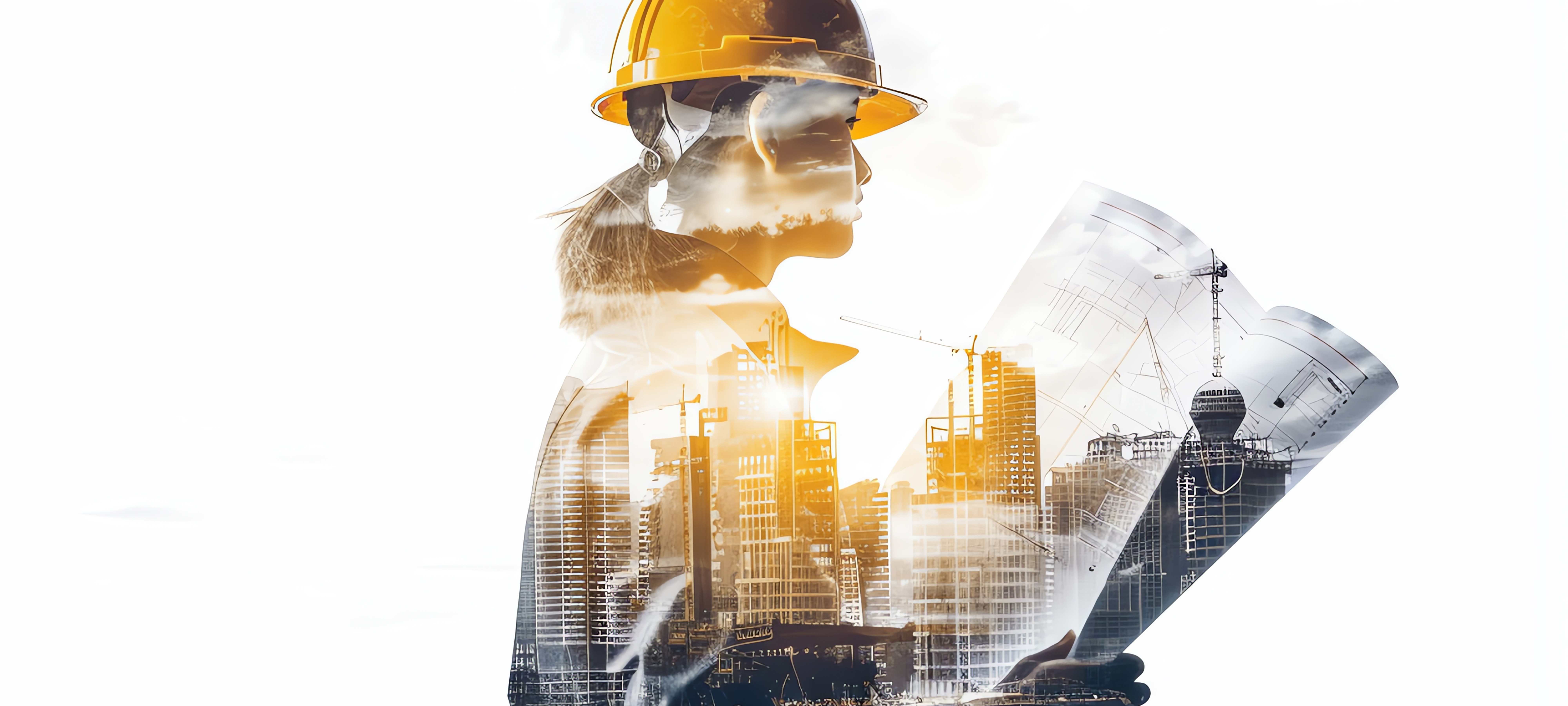 Double exposure of engineer with hard hat holding blueprints overlaid with city skyline and construction site